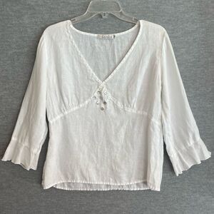 Cut Loose Babydoll Linen Top Womens Medium White Blouse Flared Ruffled Sleeves